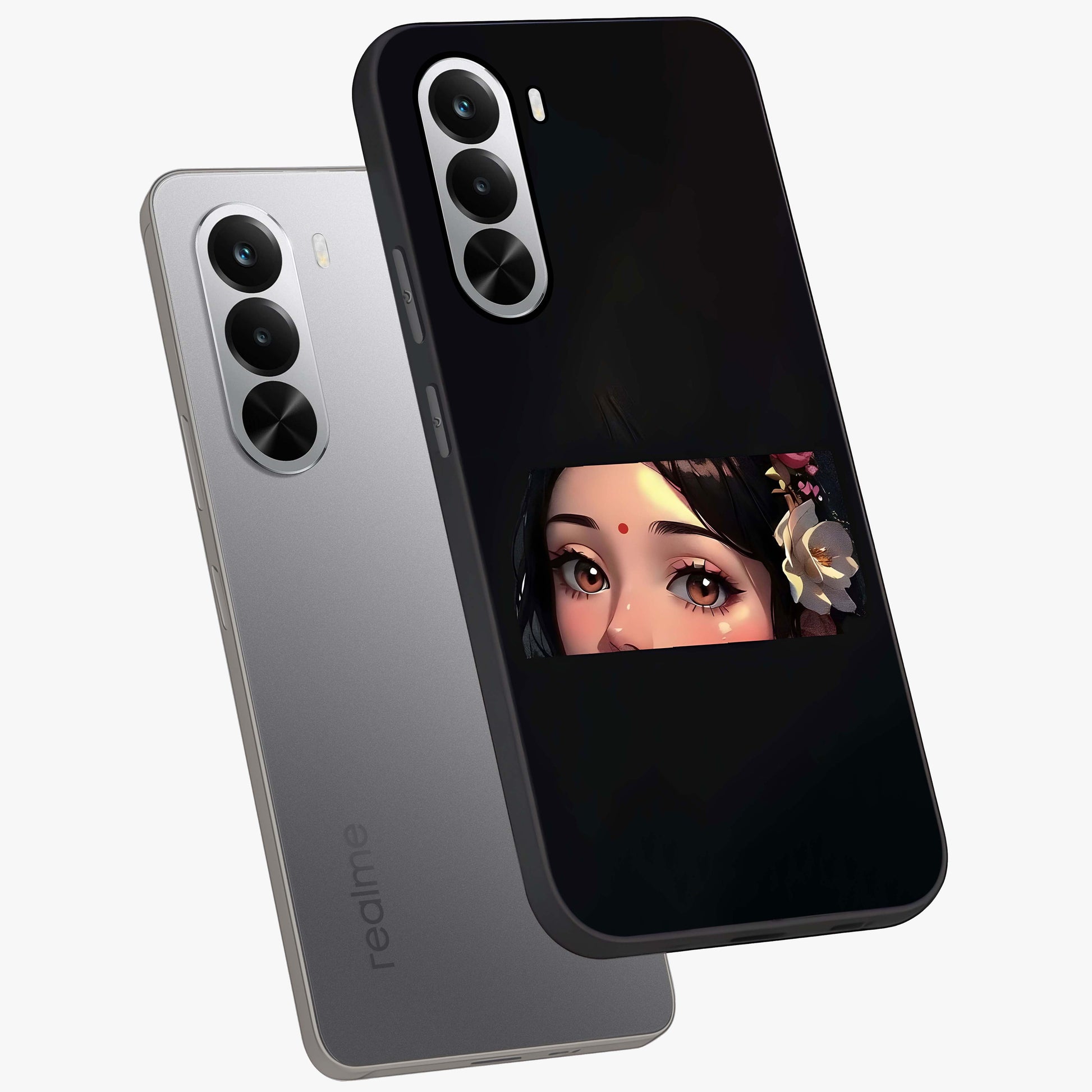 Radha Divine Embrace Glass Case displayed in angled mockup highlighting graceful spiritual illustration with divine aesthetic.