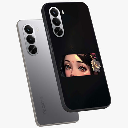 Radha Divine Embrace Glass Case displayed in angled mockup highlighting graceful spiritual illustration with divine aesthetic.