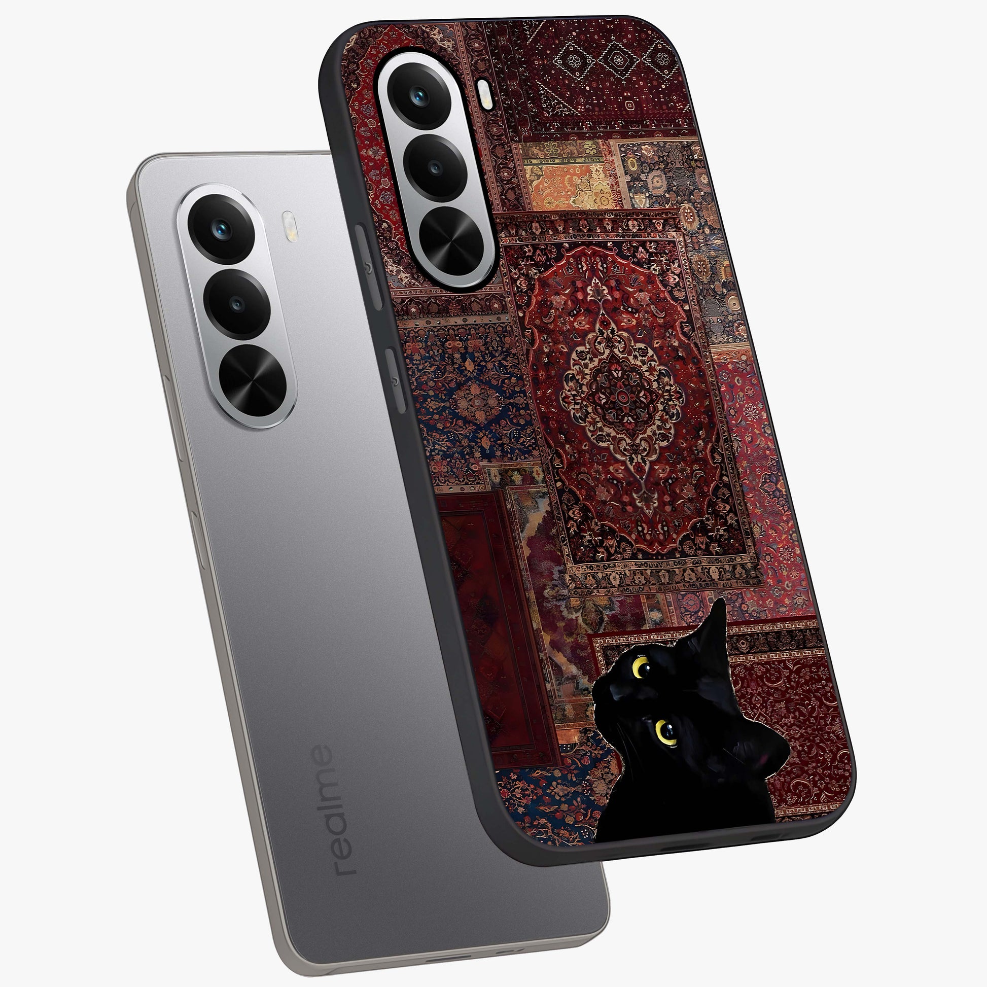 Regal Magic Cat Apple Glass Case displayed in angled mockup highlighting whimsical feline design with fantasy aesthetic.