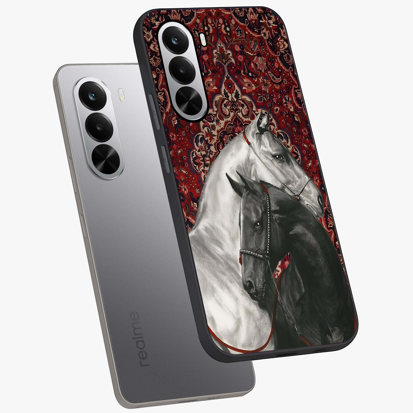 Regal Stallion Tapestry Glass Case displayed in angled mockup highlighting royal stallion design with decorative heritage aesthetic.