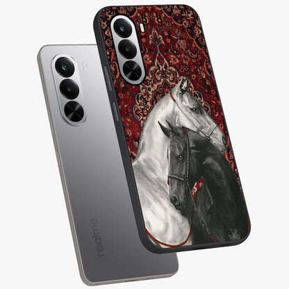 Regal Stallion Tapestry Glass Case displayed in angled mockup highlighting royal stallion design with decorative heritage aesthetic.