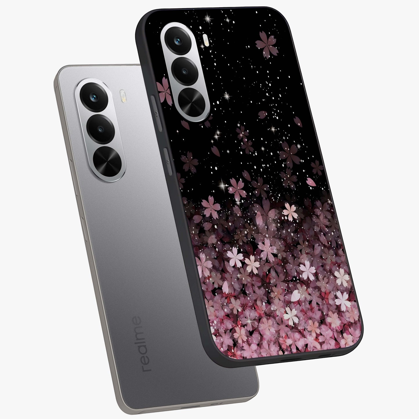 Small Starry Flowers Glass Case displayed in angled mockup highlighting tiny flower pattern with celestial aesthetic style.