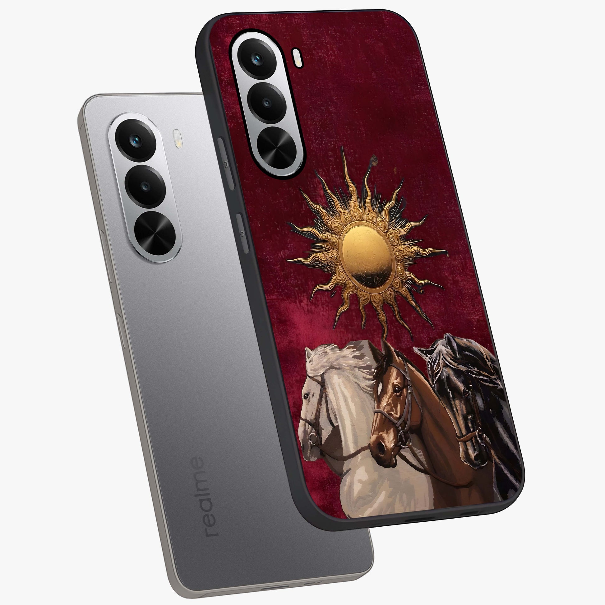 Solar Riders Glass Case displayed in angled mockup highlighting powerful rider illustration with radiant solar aesthetic.