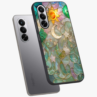 Stained Sunrise Glow Glass Case displayed in angled mockup highlighting radiant sunrise design with artistic aesthetic style.