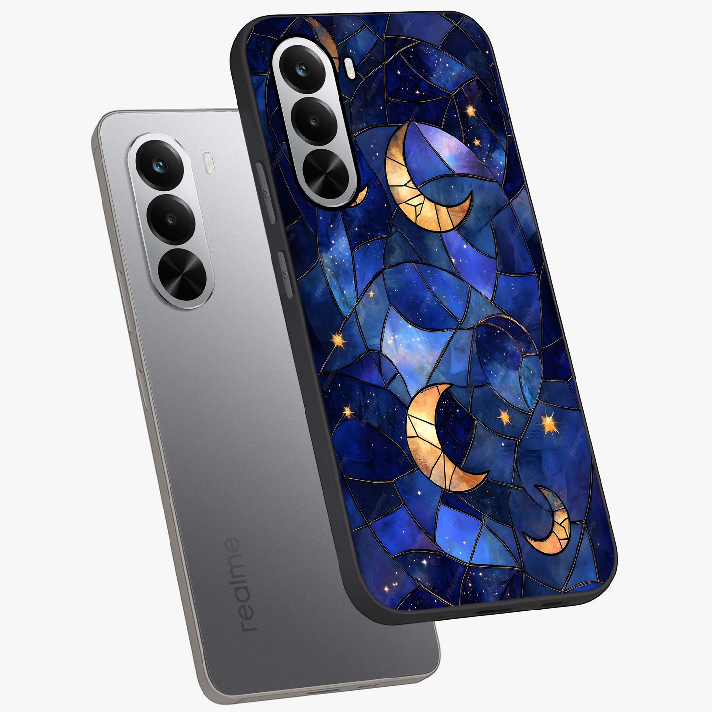 Starlit Sky Tapestry Glass Case displayed in angled mockup highlighting celestial night pattern with artistic aesthetic style.