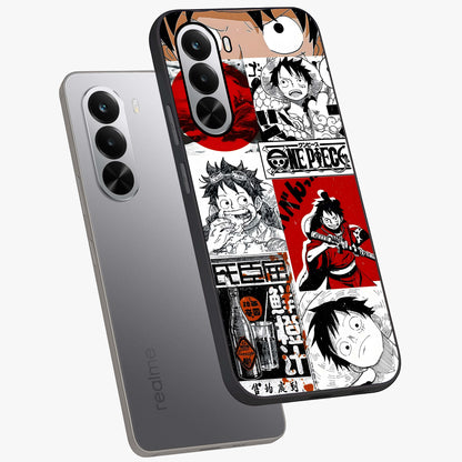 Strawhat Chaos Panels Glass Case displayed in angled mockup highlighting vibrant anime collage design with action aesthetic.