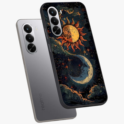 Sun And Moon Magic Design Glass Case displayed in angled mockup highlighting celestial design with magical cosmic aesthetic.