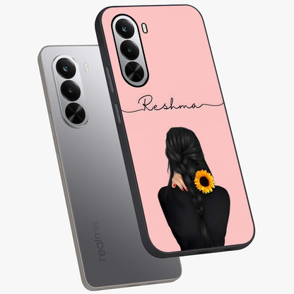 Sunflower Braid Beauty With Custom Name Glass Case displayed in angled mockup highlighting elegant sunflower design with custom name feature.
