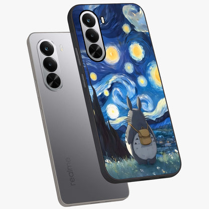 Totoro In Van Gogh Art Glass Case displayed in angled mockup highlighting artistic swirling sky design with playful animation aesthetic.