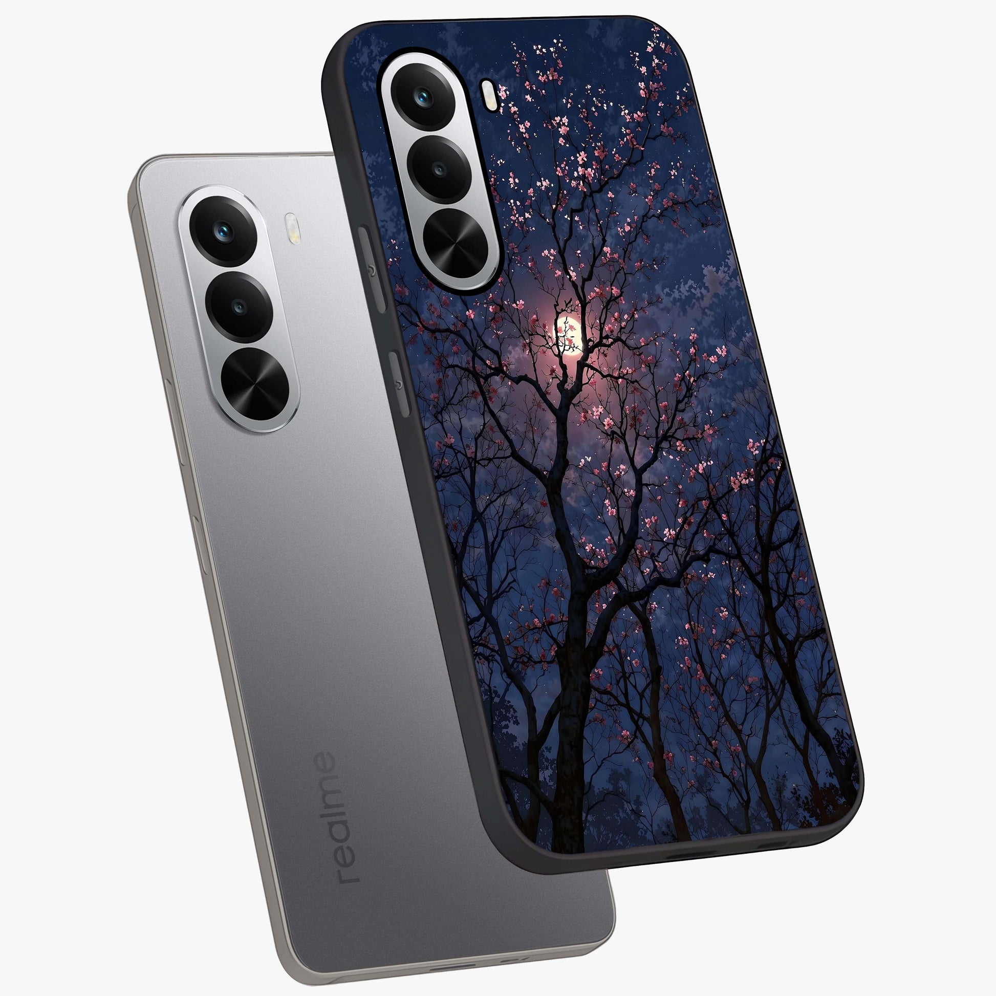 Twilight Sakura Serenade Glass Case displayed in angled mockup highlighting delicate sakura flower design with dreamy aesthetic.