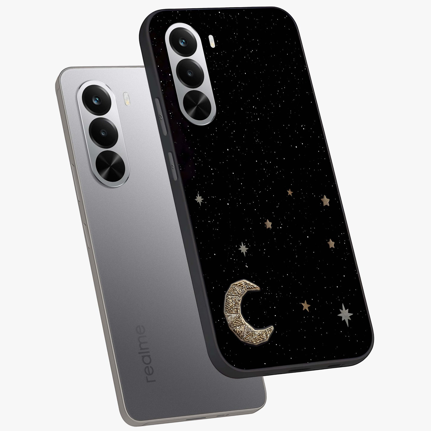 Twinkle Star With Half Moon Glass Case displayed in angled mockup highlighting celestial moon and star design with magical aesthetic.