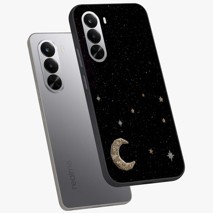 Twinkle Star With Half Moon Glass Case displayed in angled mockup highlighting celestial moon and star design with magical aesthetic.