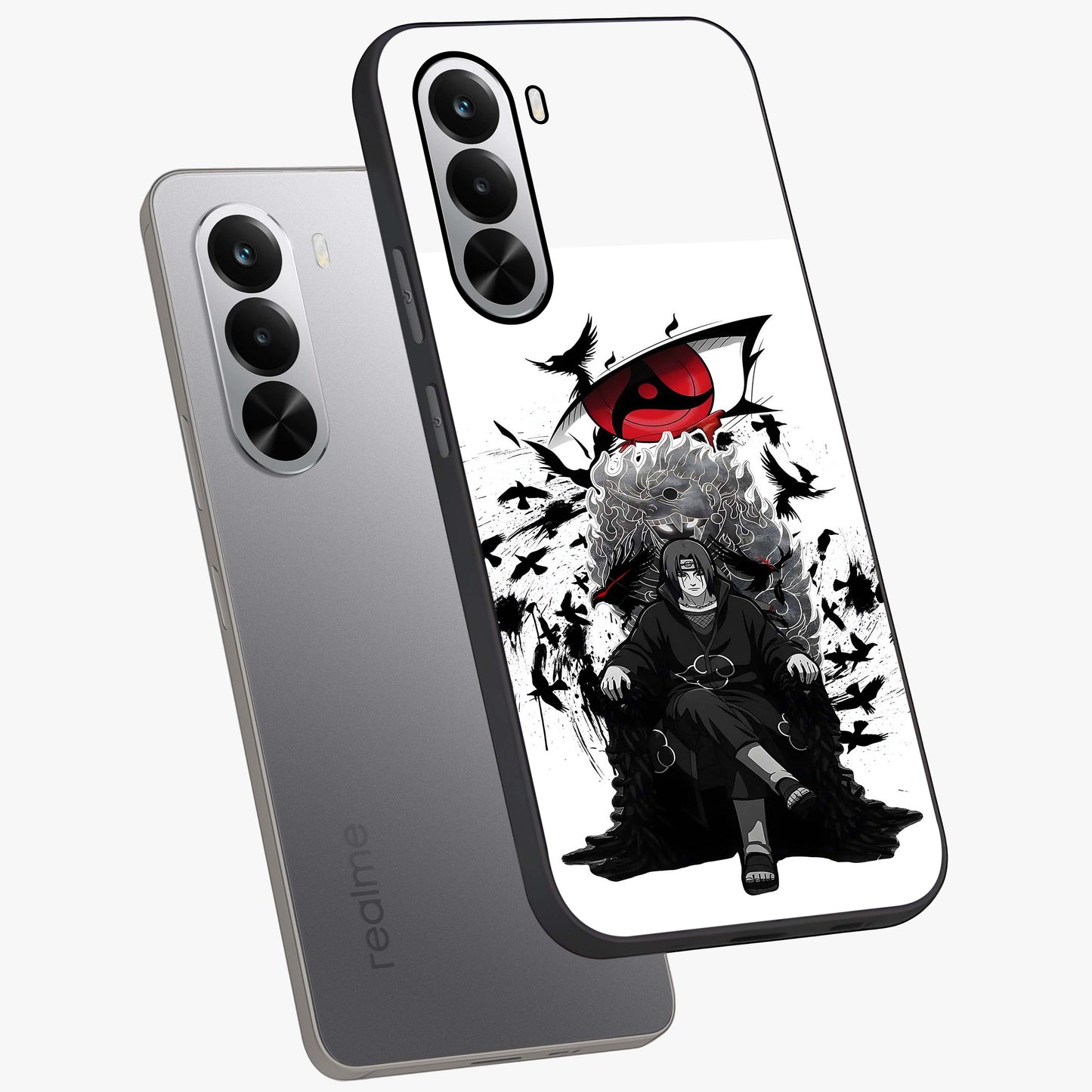 Uchiha Shadow Throne Glass Case displayed in angled mockup highlighting glowing aquatic design with celestial aesthetic.
