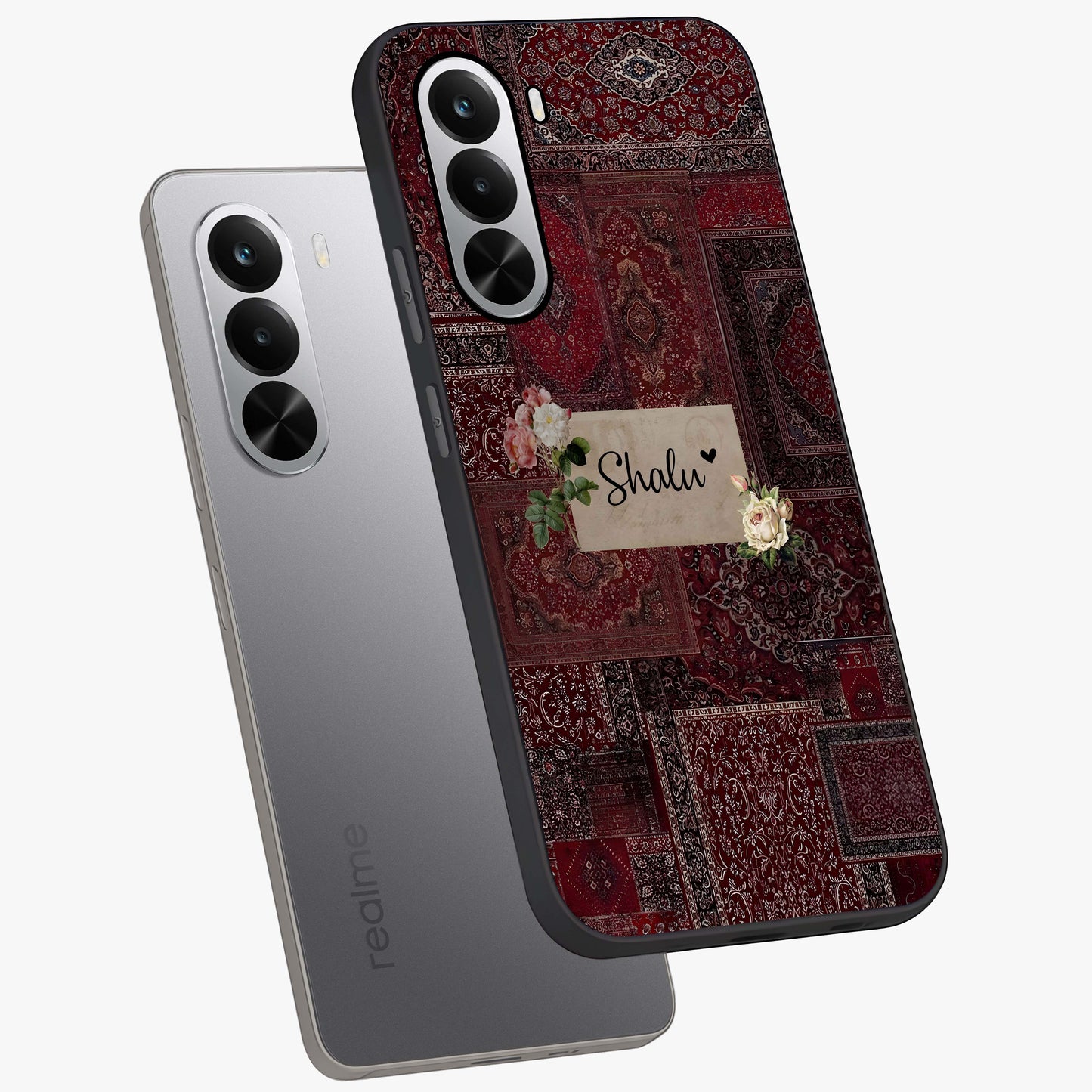 Velvet Wine Pattern Custom Name Glass Case displayed in angled mockup highlighting decorative velvet inspired design with custom name feature.