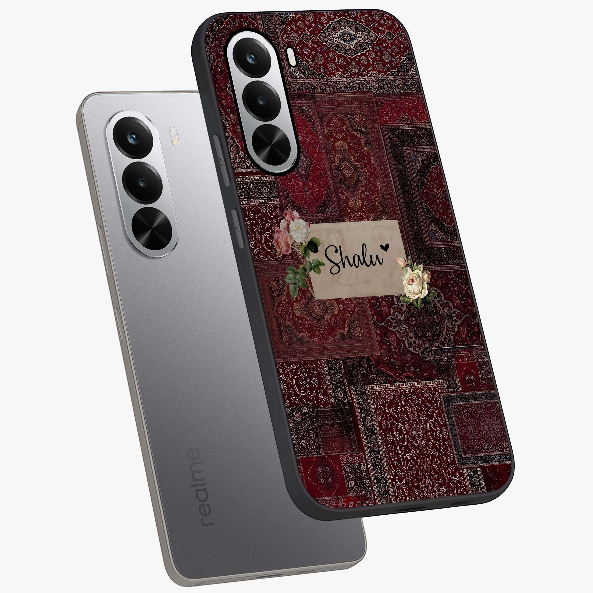 Velvet Wine Pattern Custom Name Glass Case displayed in angled mockup highlighting decorative velvet inspired design with custom name feature.