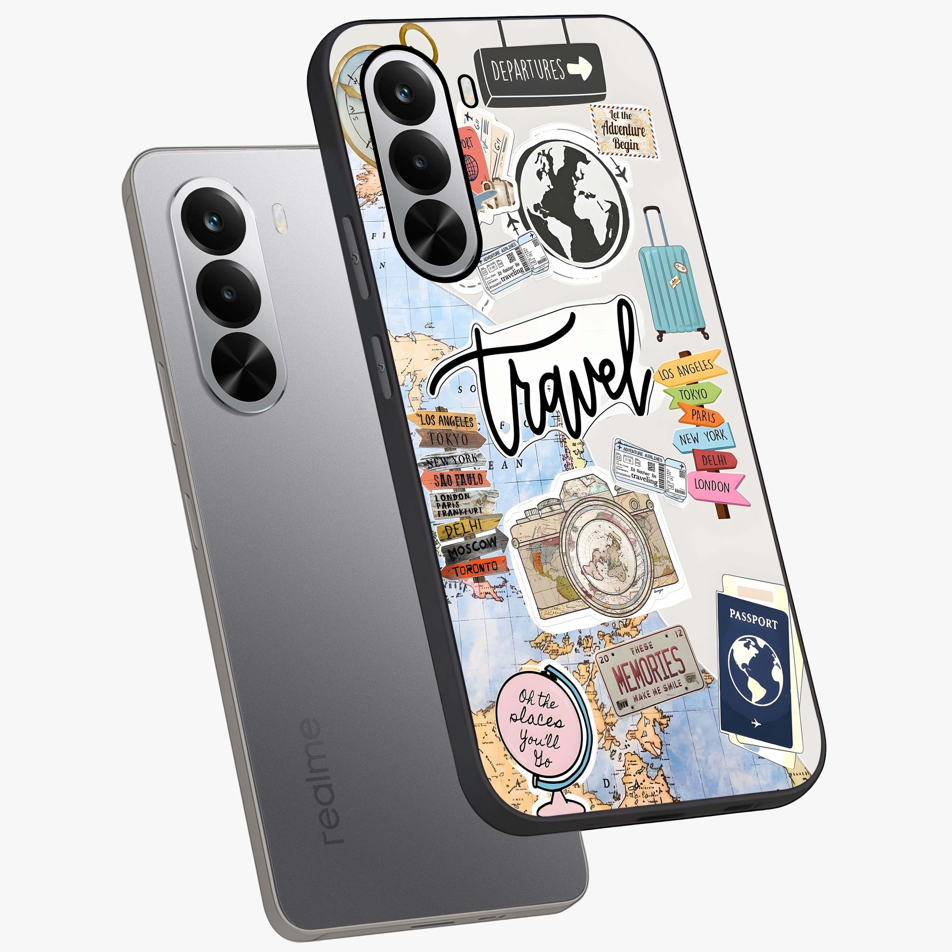 Wanderlust Journal Glass Case displayed in angled mockup highlighting adventure themed design with aesthetic travel vibe.