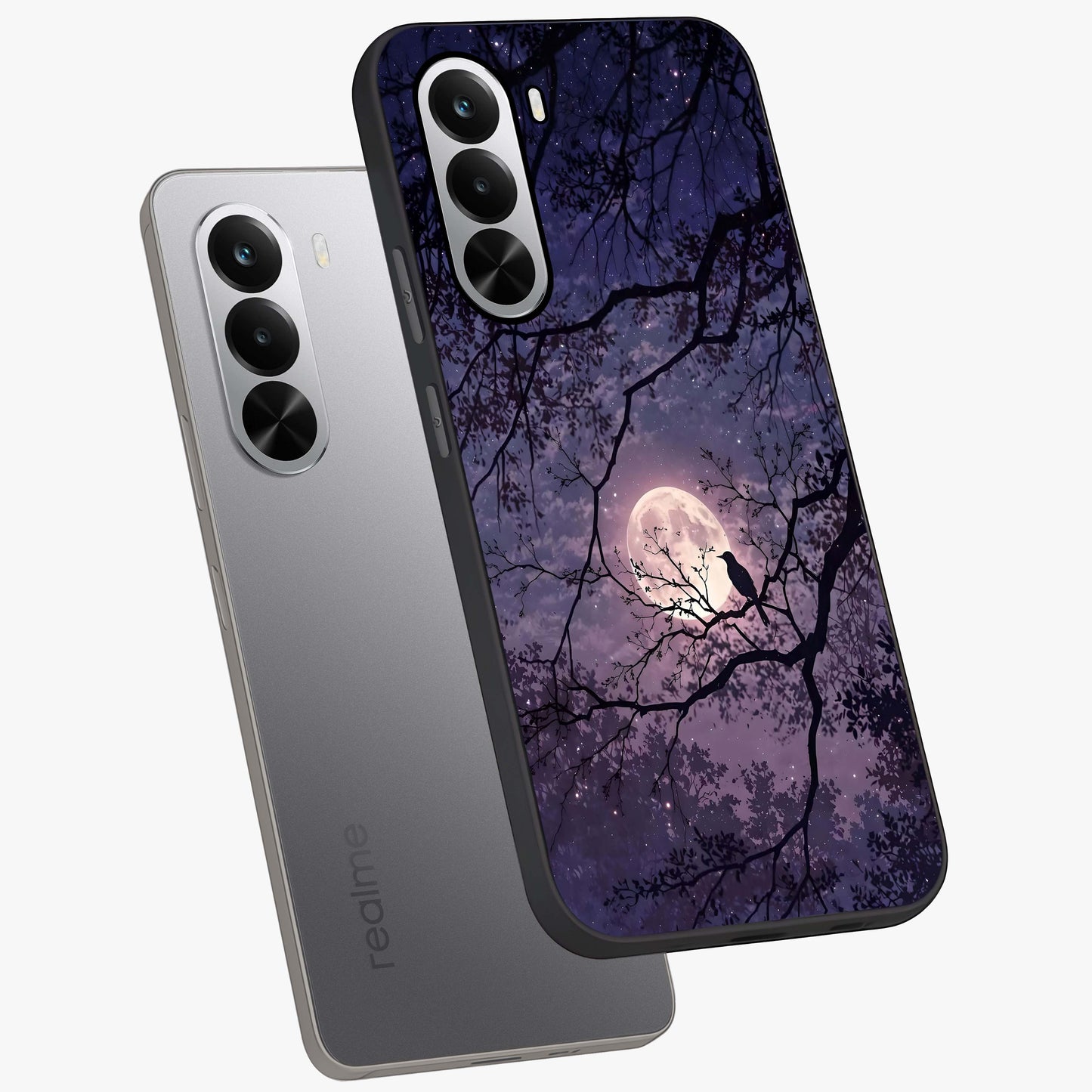 Whispering Moon Silence Glass Case displayed in angled mockup highlighting calm lunar design with dreamy night aesthetic.