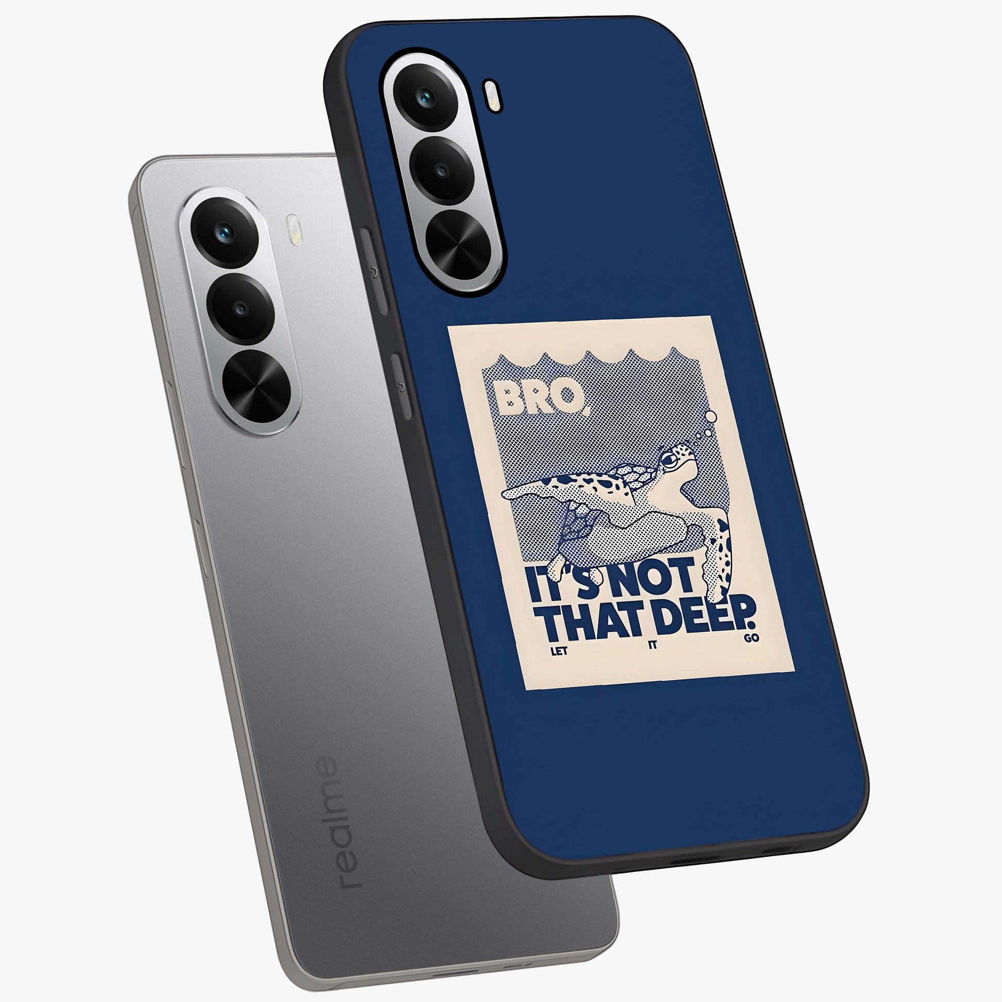 Worry Less Swim Glass Case displayed in angled mockup highlighting fun typography design with relaxed aesthetic style.