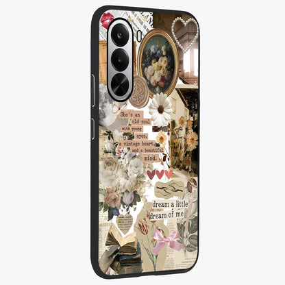 Aesthetic Brown Vintage Collage Glass Case upright view showcasing nostalgic retro artwork with stylish vintage theme.
