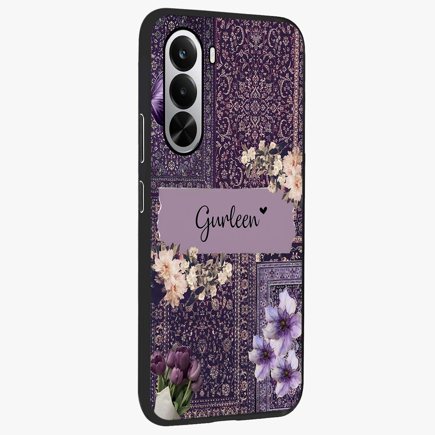 Antique Floral Whisper Custom Name Glass Case upright view showcasing delicate floral artwork with custom name feature.