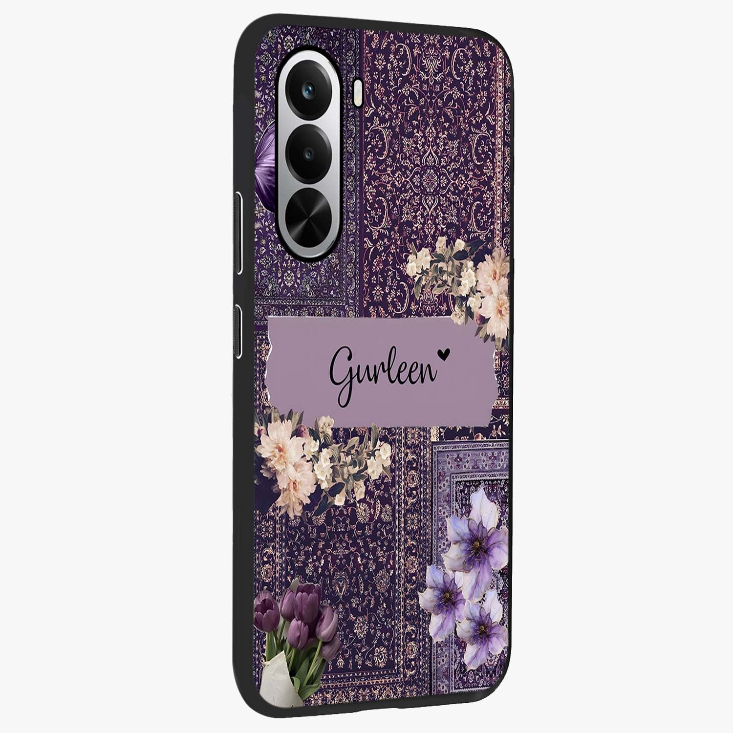 Antique Floral Whisper Custom Name Glass Case upright view showcasing delicate floral artwork with custom name feature.