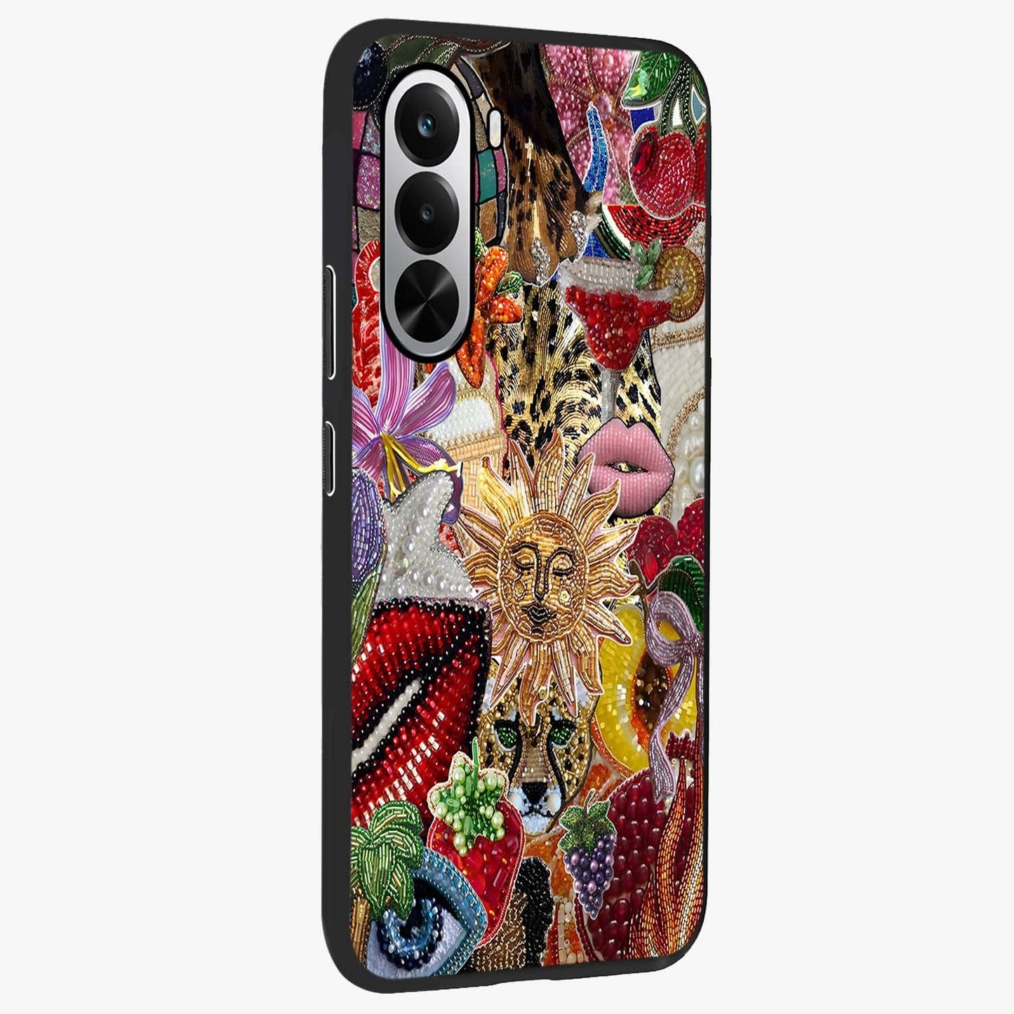 Beaded Fashion Jungle Glass Case upright view showcasing tropical jungle aesthetic with decorative bead elements.