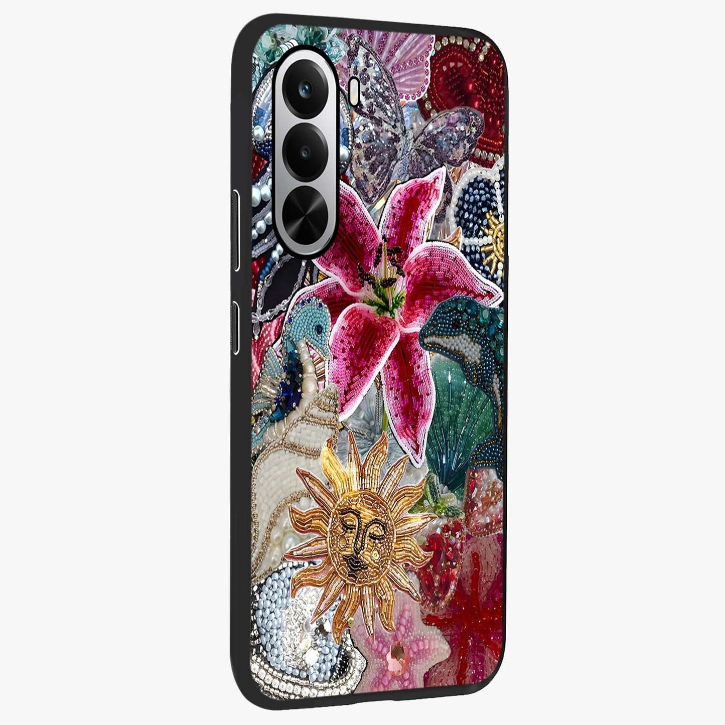 Beaded Garden Fantasy Glass Case upright view showcasing whimsical garden aesthetic with artistic bead details.