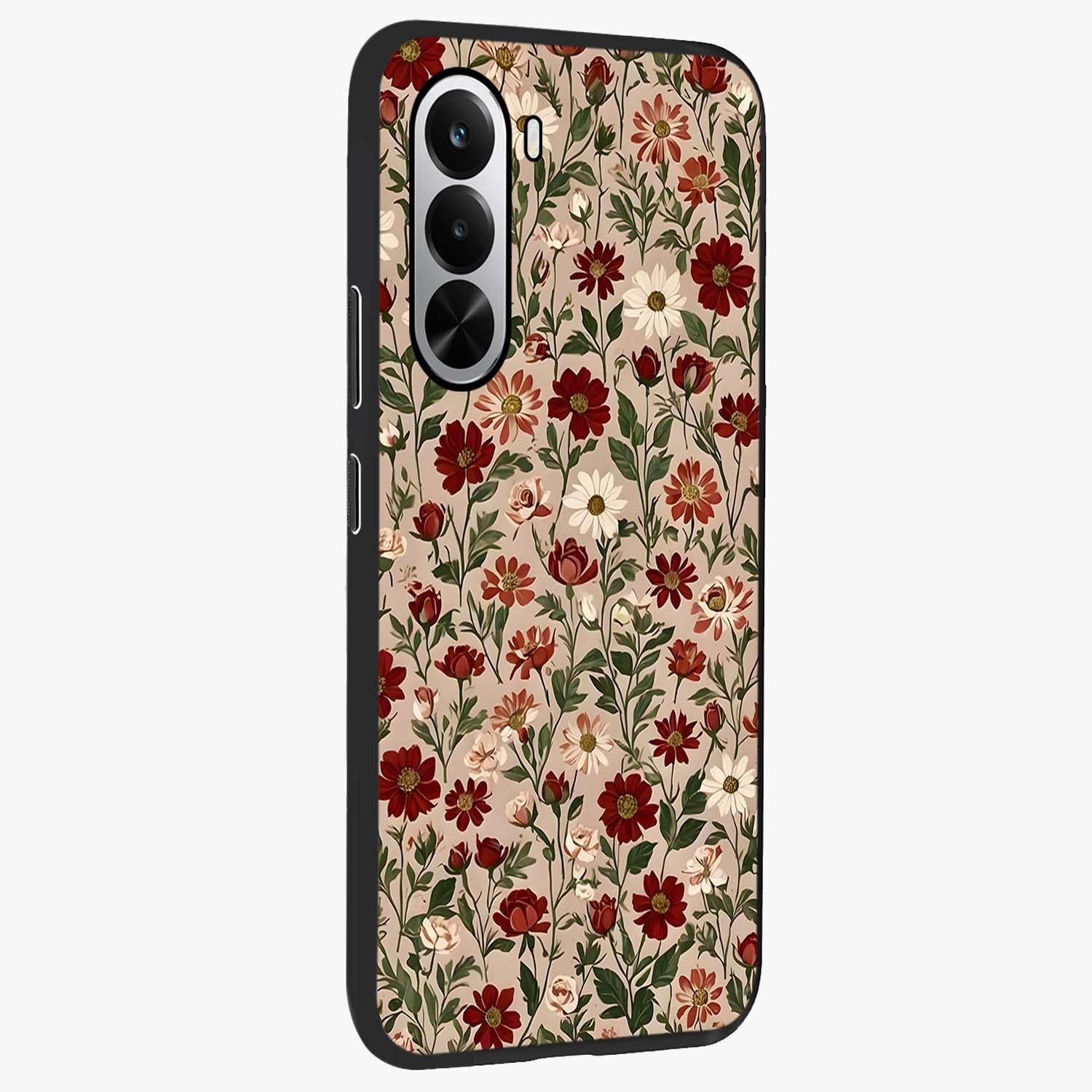 Biege Flower With Leaf Glass Case upright view showcasing delicate beige flower illustration with clean botanical style.