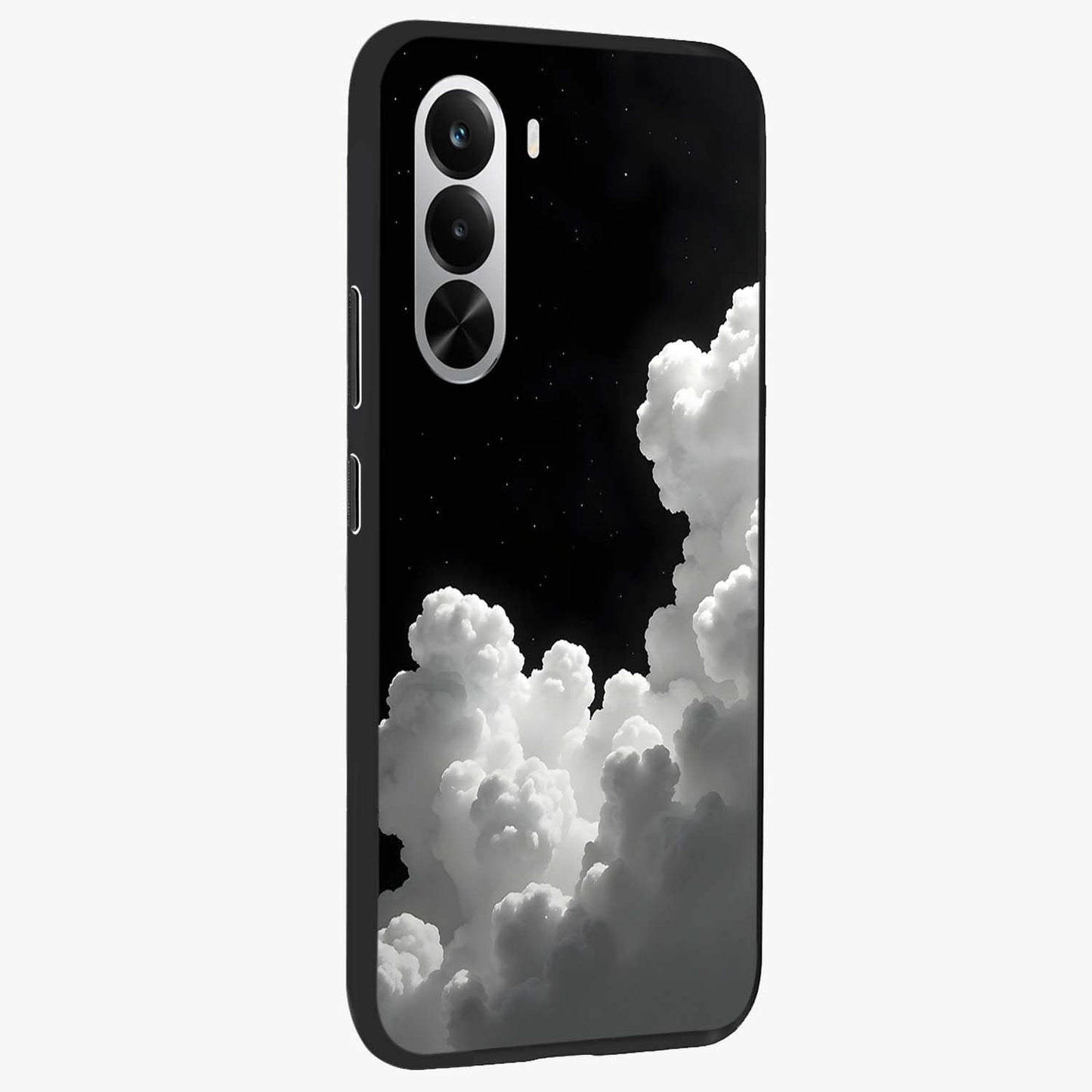 Black Background With White Cloud Glass Case upright view showcasing calm cloud aesthetic with modern minimal style.