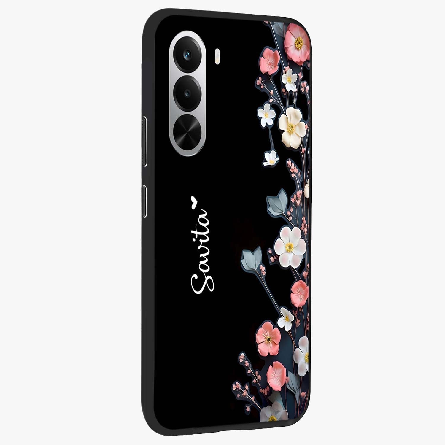 Black Elegance Floral Custom Name Glass Case upright view showcasing luxurious black floral design with personalized name detail.