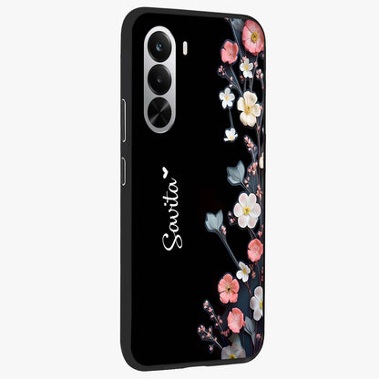 Black Elegance Floral Custom Name Glass Case upright view showcasing luxurious black floral design with personalized name detail.