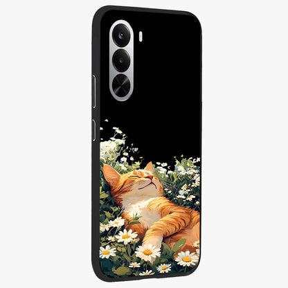 Blissful Bloom Cat Glass Case upright view showcasing charming cat design surrounded by blooming floral elements.