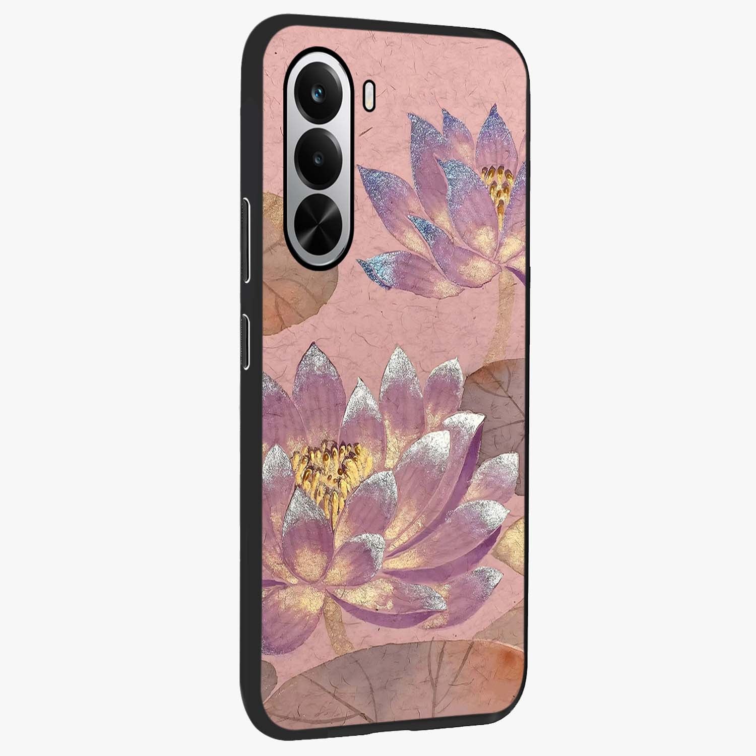 Blossom Mist Lotus Glass Case upright view showcasing graceful lotus flower design with peaceful botanical style.
