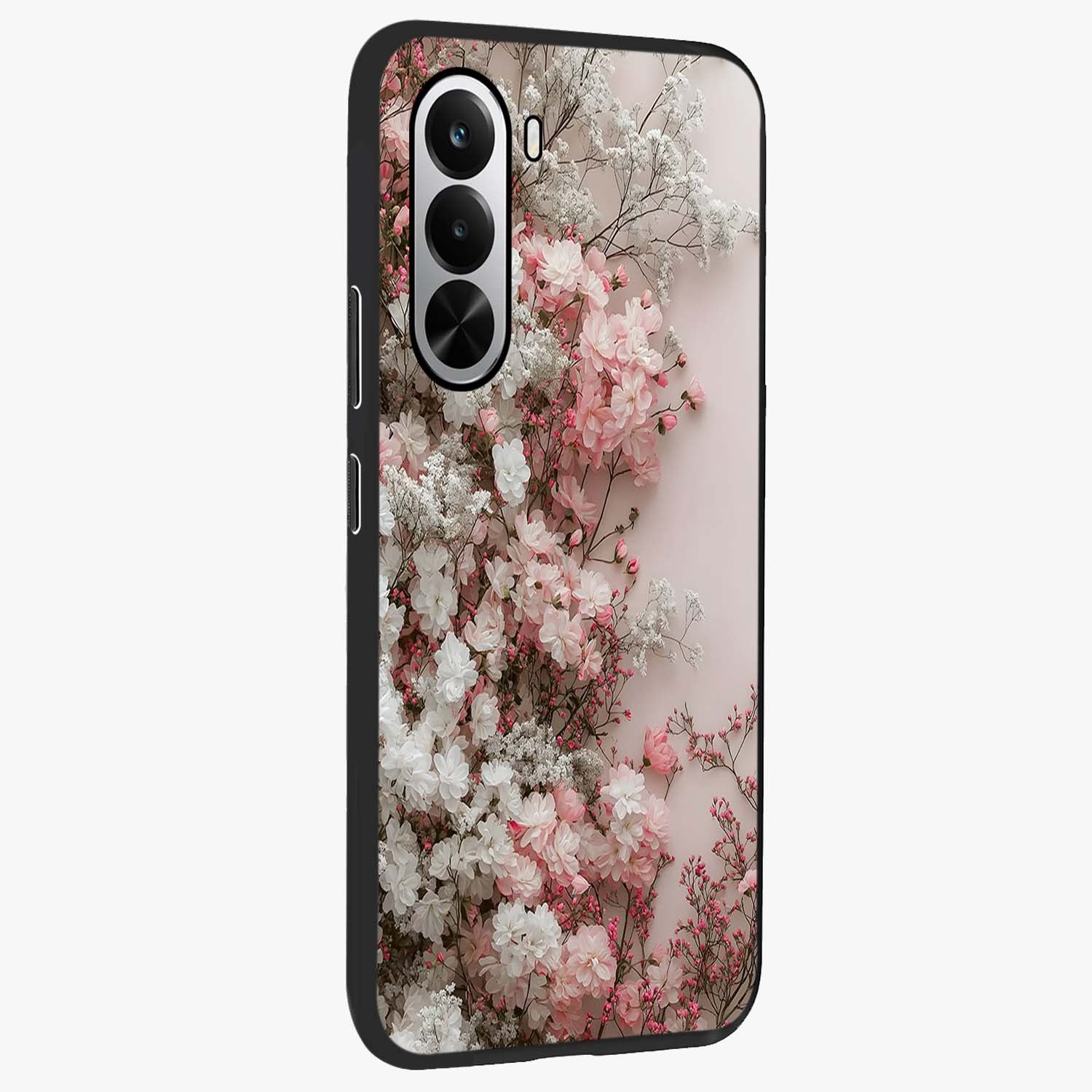 Blush Blossom Cloud Glass Case upright view showcasing calm floral cloud artwork with gentle dreamy theme.