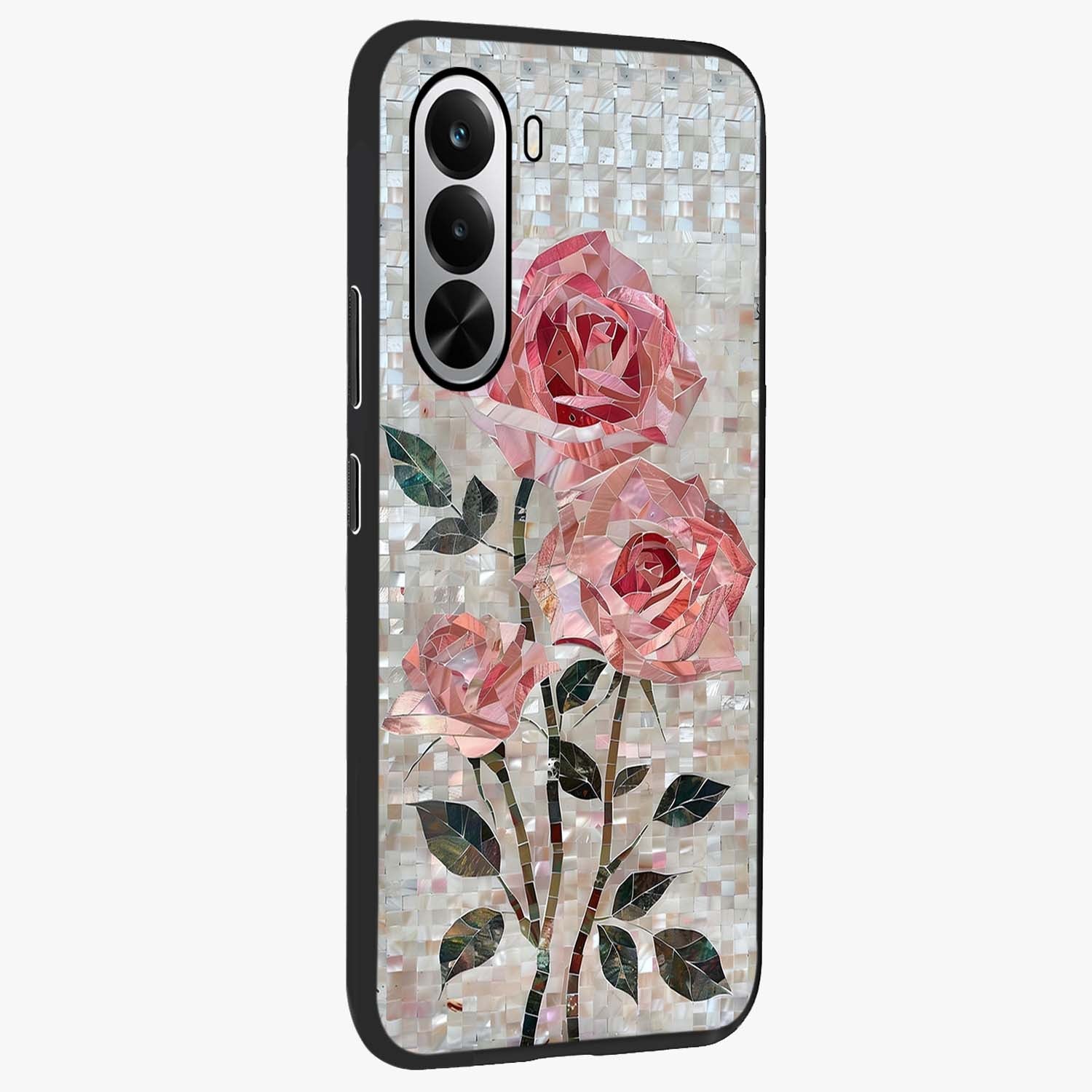 Blush Mosaic Bloom Glass Case upright view showcasing decorative floral mosaic artwork with stylish modern aesthetic.