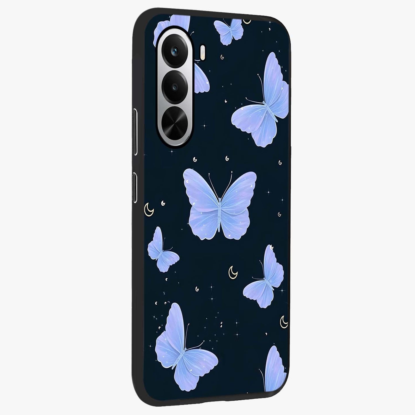 Butterfly With Stars Pattern Glass Case upright view showcasing celestial butterfly artwork with sparkling star elements.