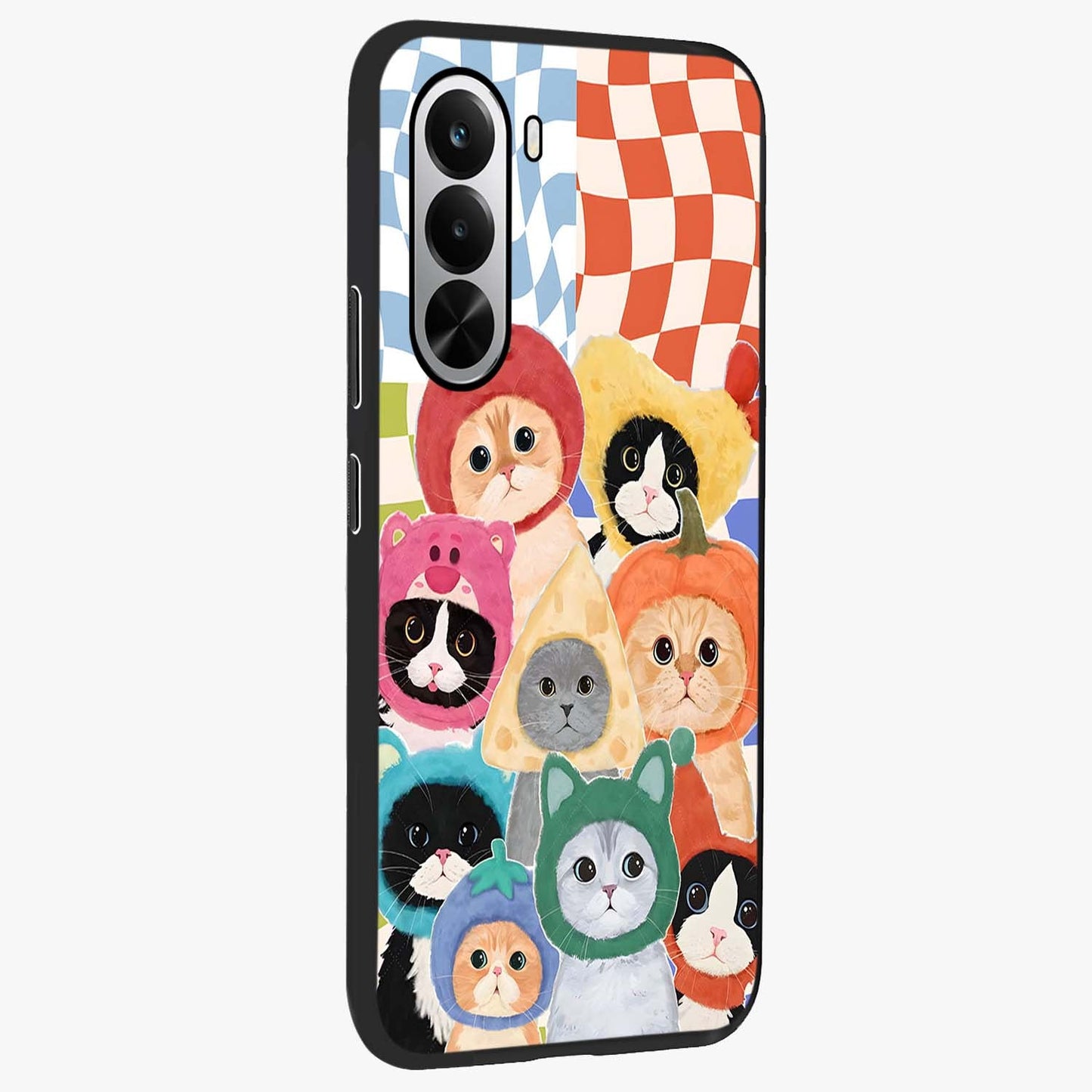 Cats in Fruits Glass Case upright view showcasing charming cat artwork with fun fruity theme.