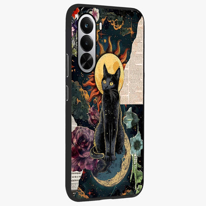 Celestial Black Cat Glass Case upright view showcasing magical black cat illustration with starry cosmic theme.