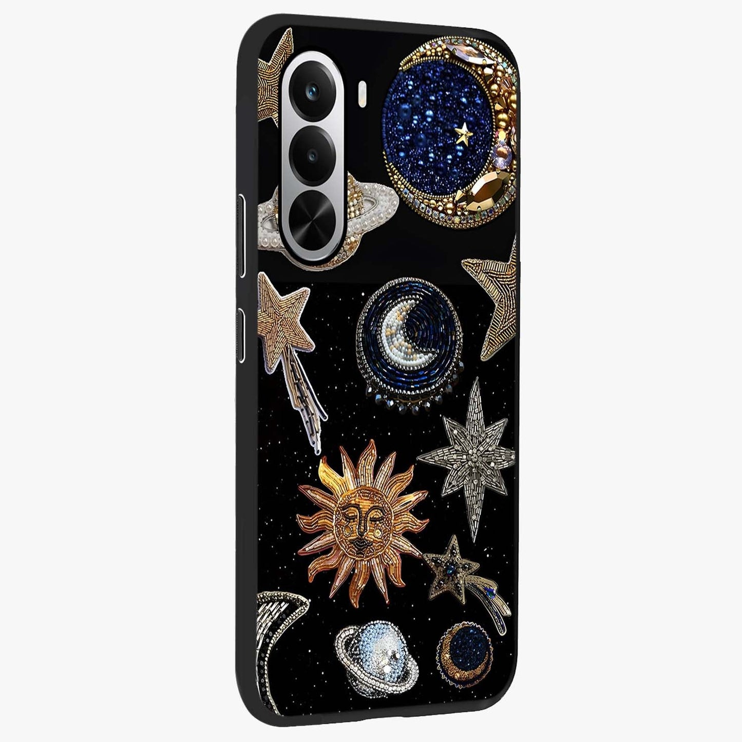 Celestial Gem Constellations Glass Case upright view showcasing cosmic constellation artwork with celestial aesthetic style.