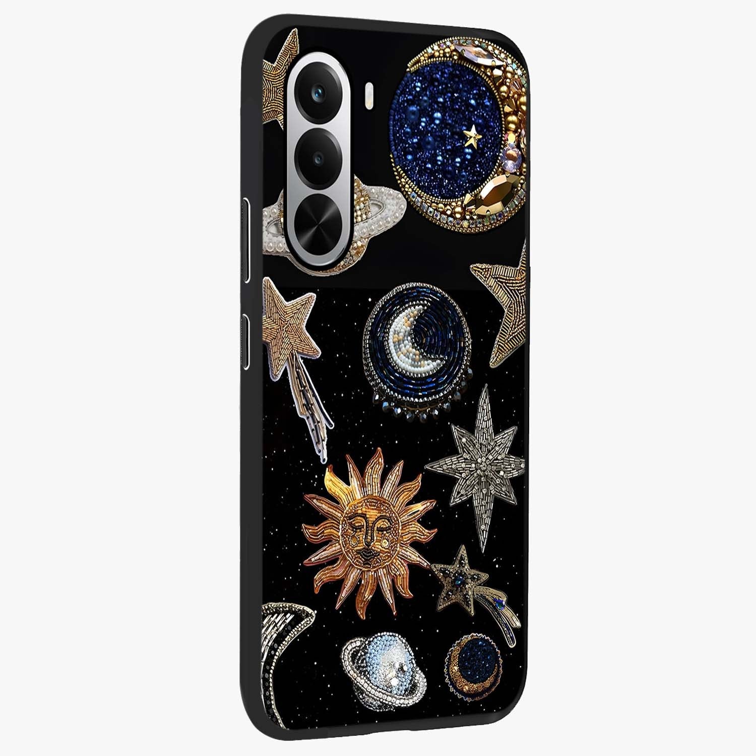 Celestial Gem Constellations Glass Case upright view showcasing cosmic constellation artwork with celestial aesthetic style.
