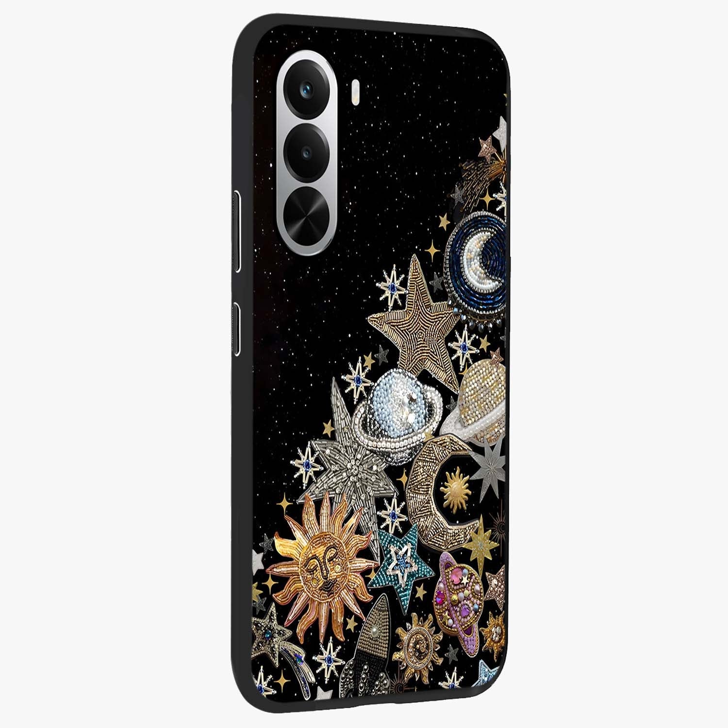 Cosmic Sparkle Dreams Glass Case upright view showcasing glowing cosmic artwork with magical galaxy theme.