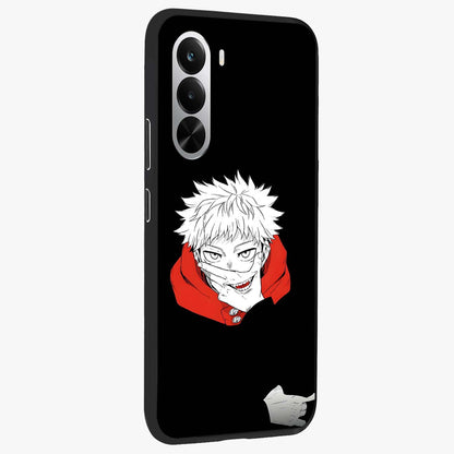 Crimson Chaos Smile Glass Case upright view showcasing expressive chaotic artwork with striking visual theme.