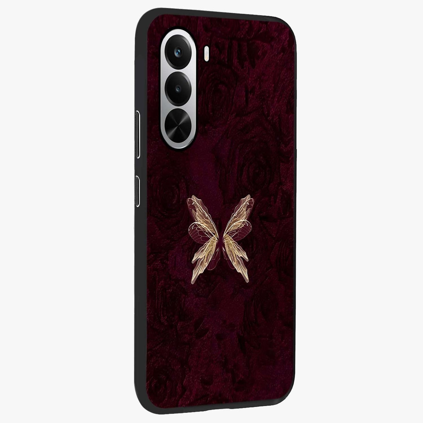 Crimson Fade Butterfly Glass Case upright view showcasing graceful butterfly artwork with soft crimson fade effect.