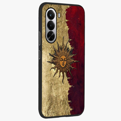 Crimson Sun Majesty Glass Case upright view showcasing vibrant sun artwork with powerful celestial theme.