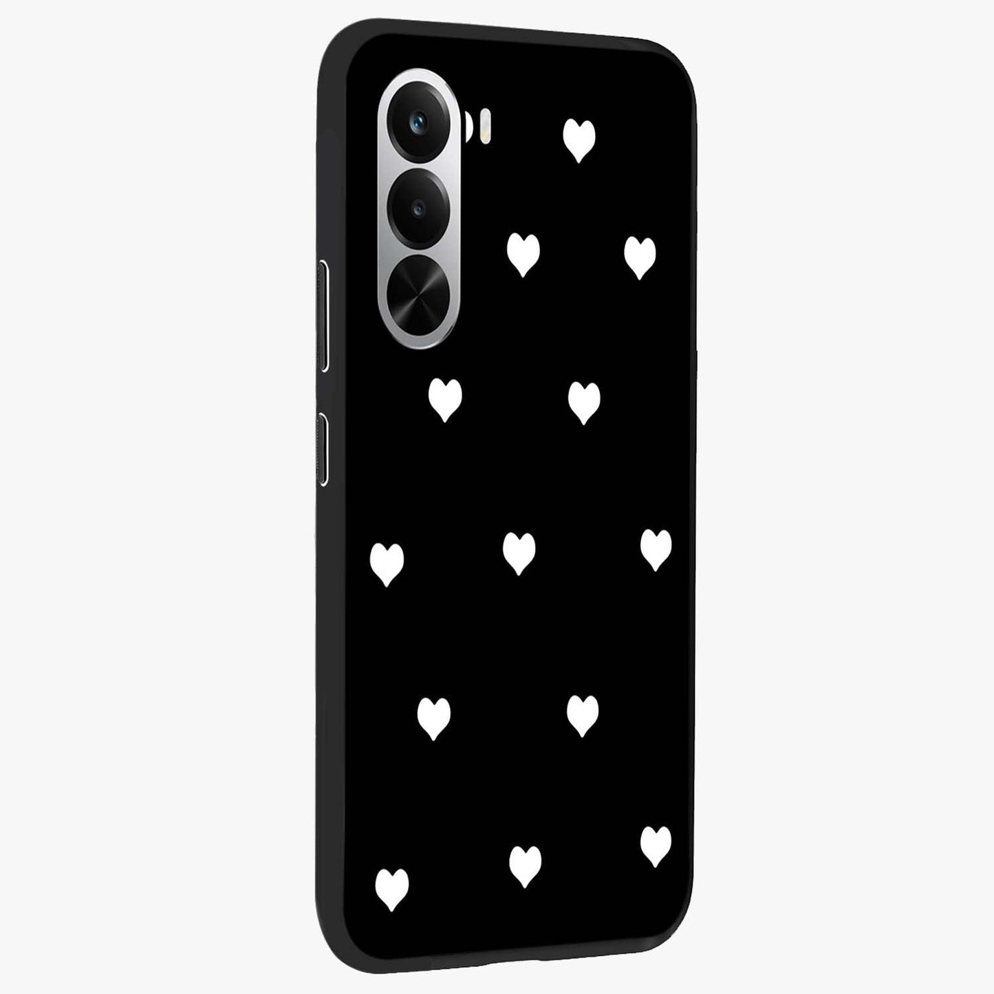 Cute And Simple White Hearts Glass Case upright view showcasing simple white hearts artwork with soft minimal theme.