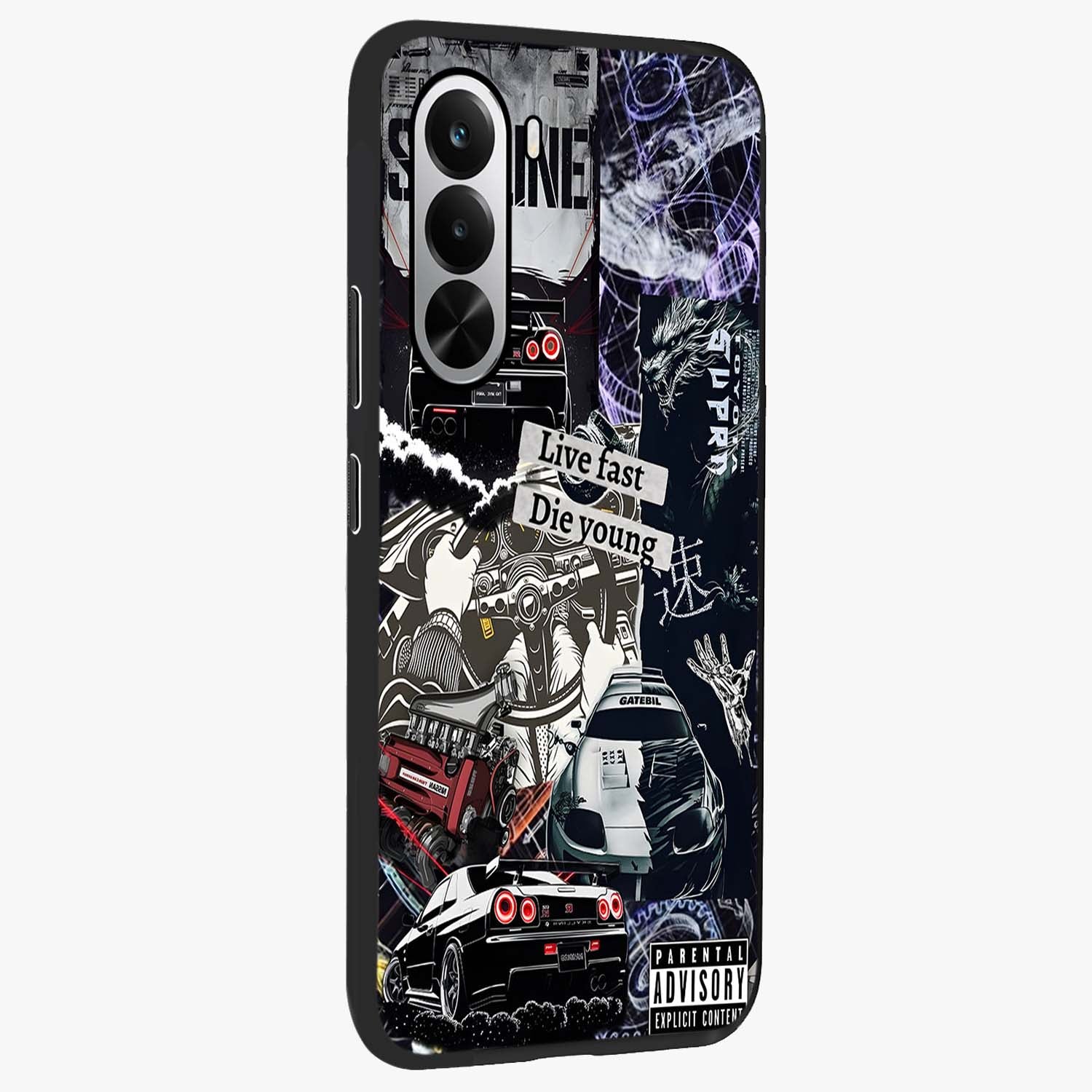 Die Young Glass Case upright view showcasing striking typography artwork with modern statement theme.