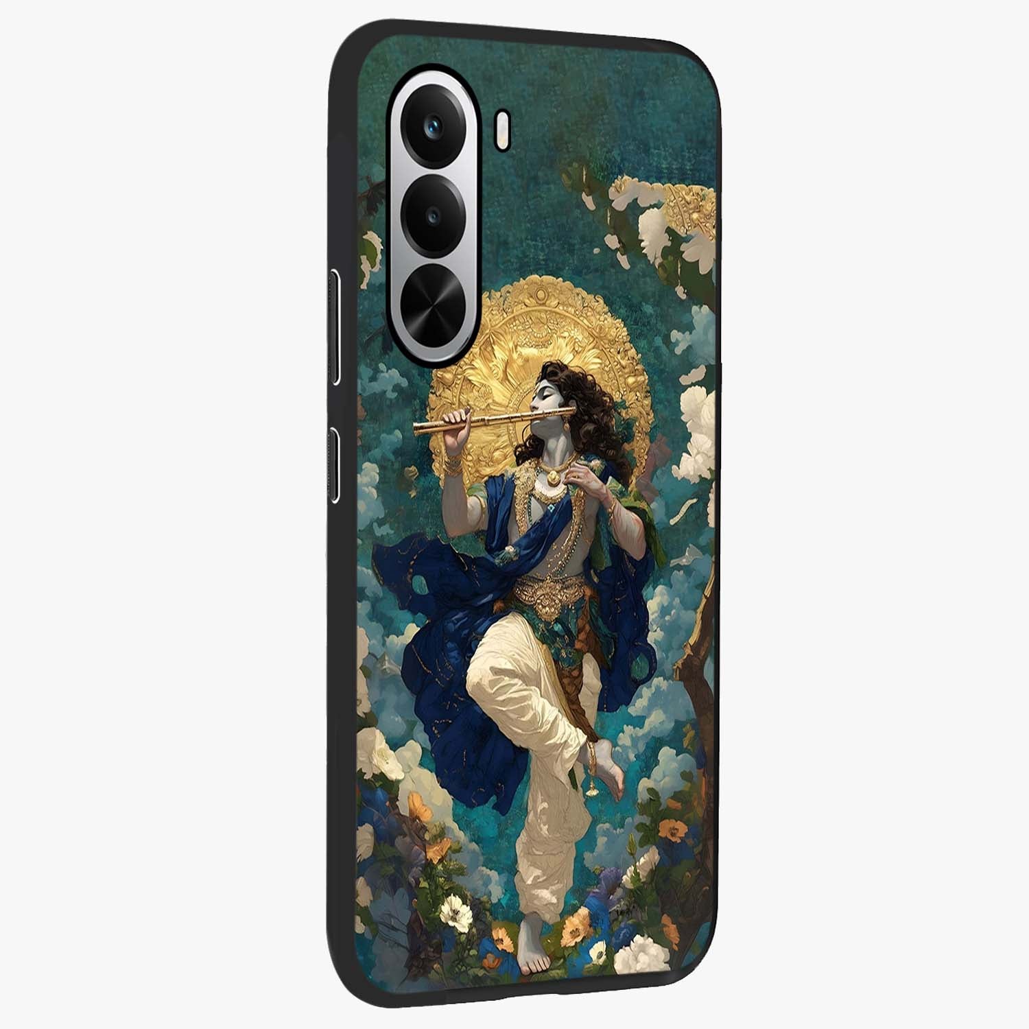 Divine Krishna Art Glass Case upright view showcasing divine Krishna artwork with sacred artistic theme.