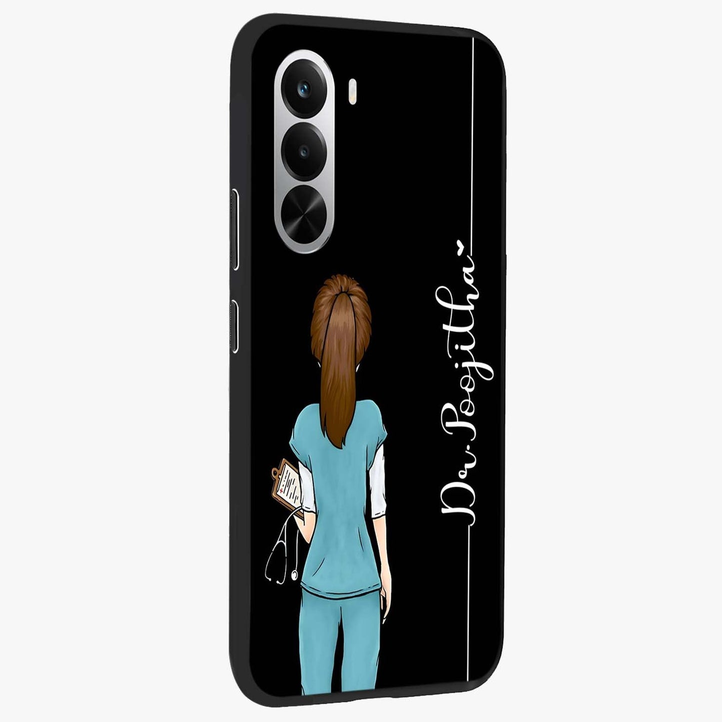 Doctor Pattern Custom Name Glass Case upright view showcasing healthcare themed design with personalized aesthetic.