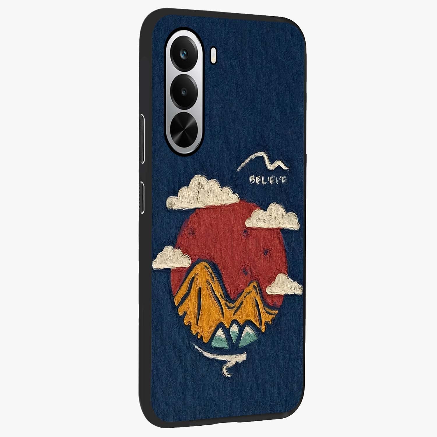 Dream Beyond Mountains Glass Case upright view showcasing beautiful mountain scenery with inspirational nature theme.