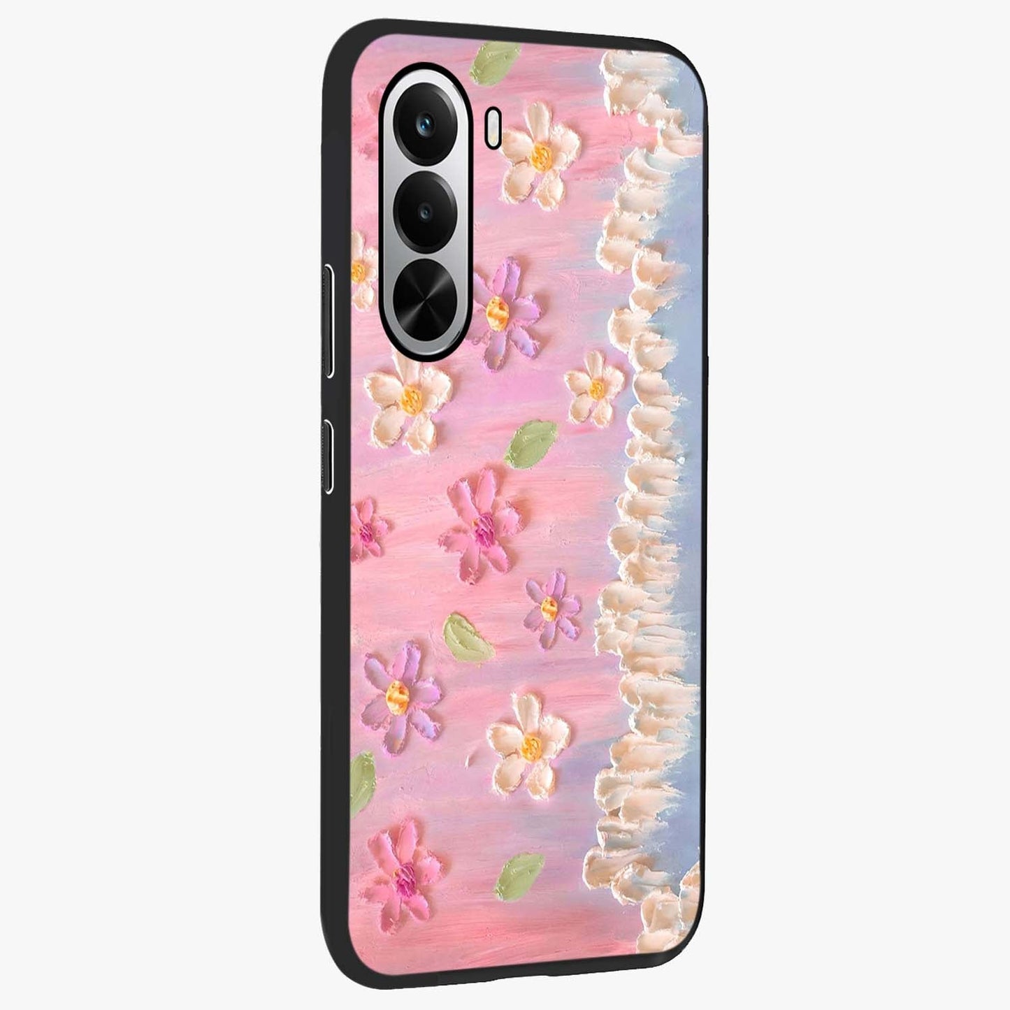 Dreamy Painted Garden Glass Case upright view showcasing vibrant floral garden artwork with artistic nature theme.